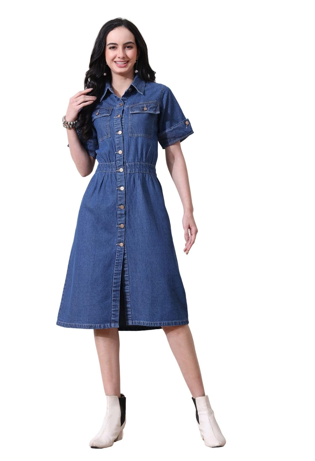 glossia Women’s Denim Shirt Dress | Button-Down A-Line Midi Dress with Collar & Short Sleeves | Casual (LNGDRSS-324-$)-picture-5