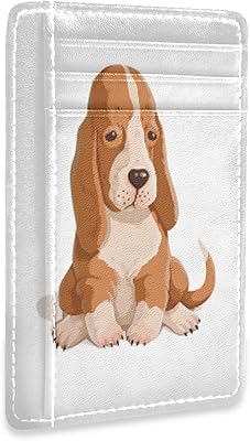 Brown Hand Drawn Basset Hounds Cute Puppies Isolated on White Slim Minimalist Wallet, Front Pocket RFID Blocking Leather Credit Card Holder, Case Protector Covers for Men Women
