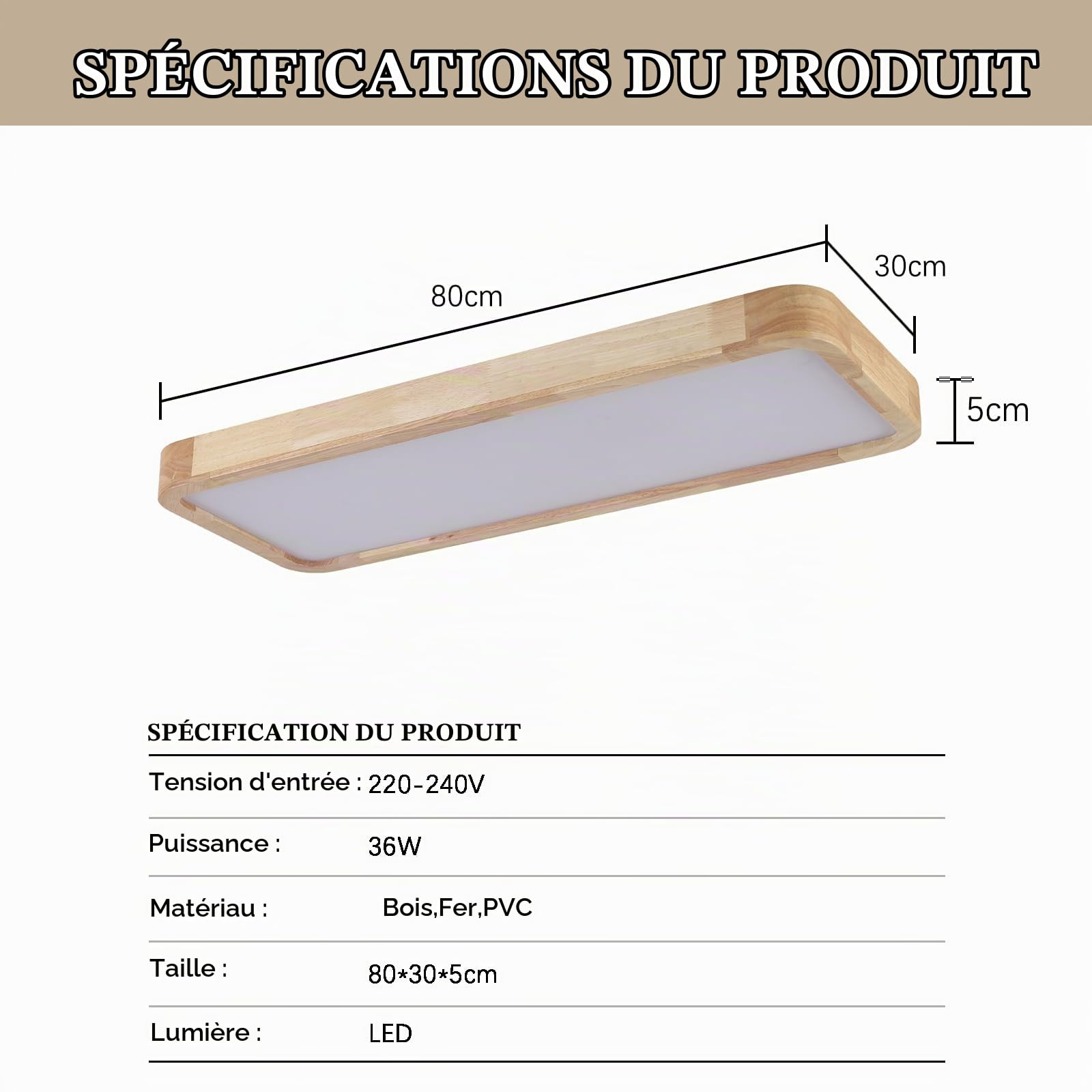 Bois Plafonnier LED,Chambre Luminaires IntéRieur 80 * 30Cm Carré Cuisine Lampe 36W ContrôLe Dimmable Grand Luminaire Plafonnier Pour Salon Atelier