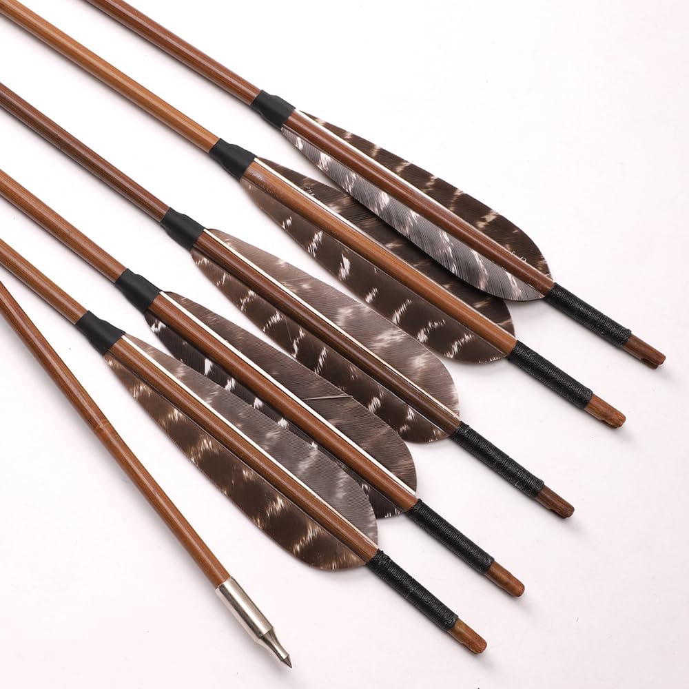 12 pz Frecce di bambù 33” Lunghezza Albero OD 7mm 8mm 5" Piuma di Tacchino Freccia de 2 Vane per Arco Ricurvo Tradizionale Arco Lungo Caccia Pratica di Tiro con L'Arco