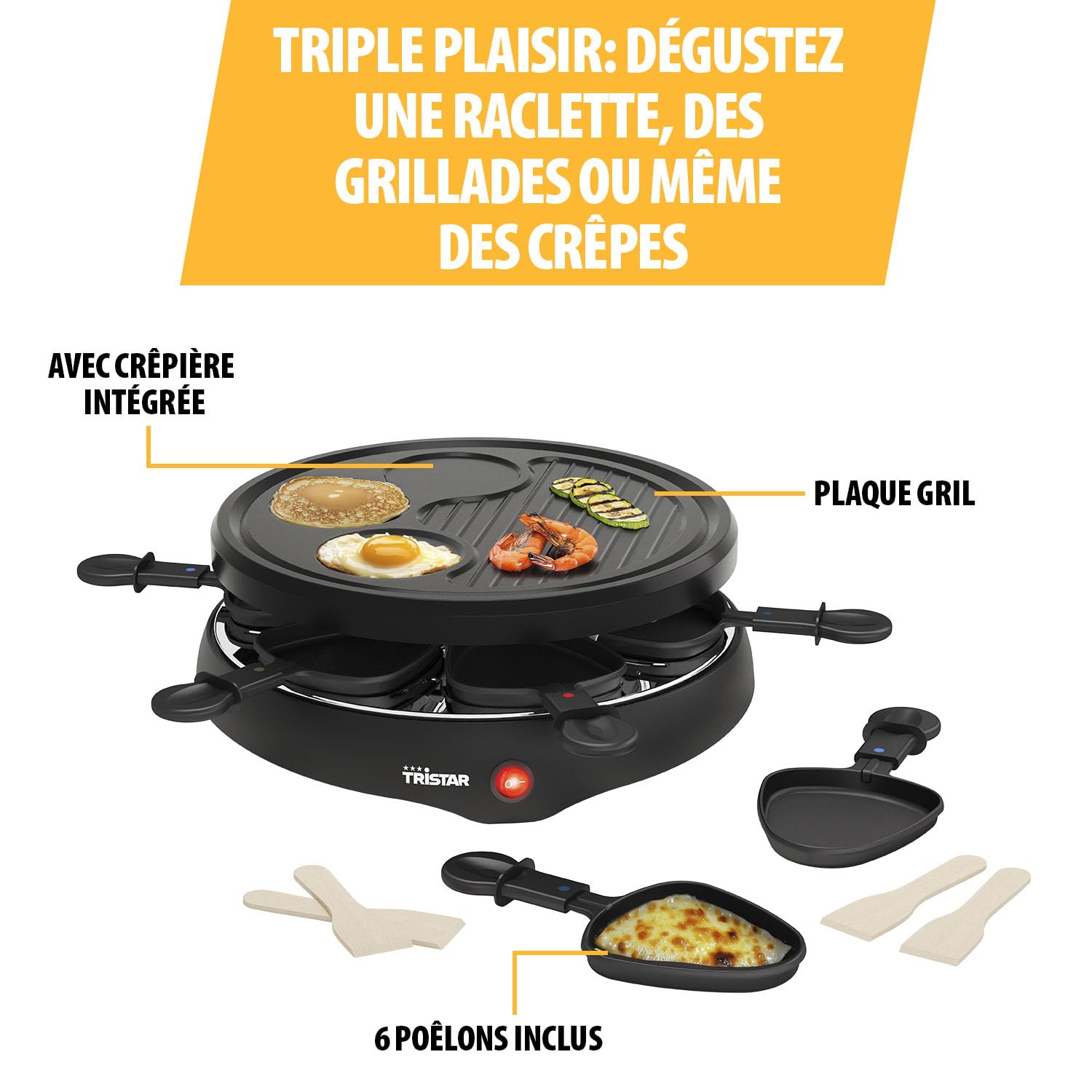 Raclette Tristar pour jusqu’à 6 Personnes, Avec 6 Poêlons et Zone Crêpe et Grill, Ø29 cm, 800 W, Noir, RA-2998