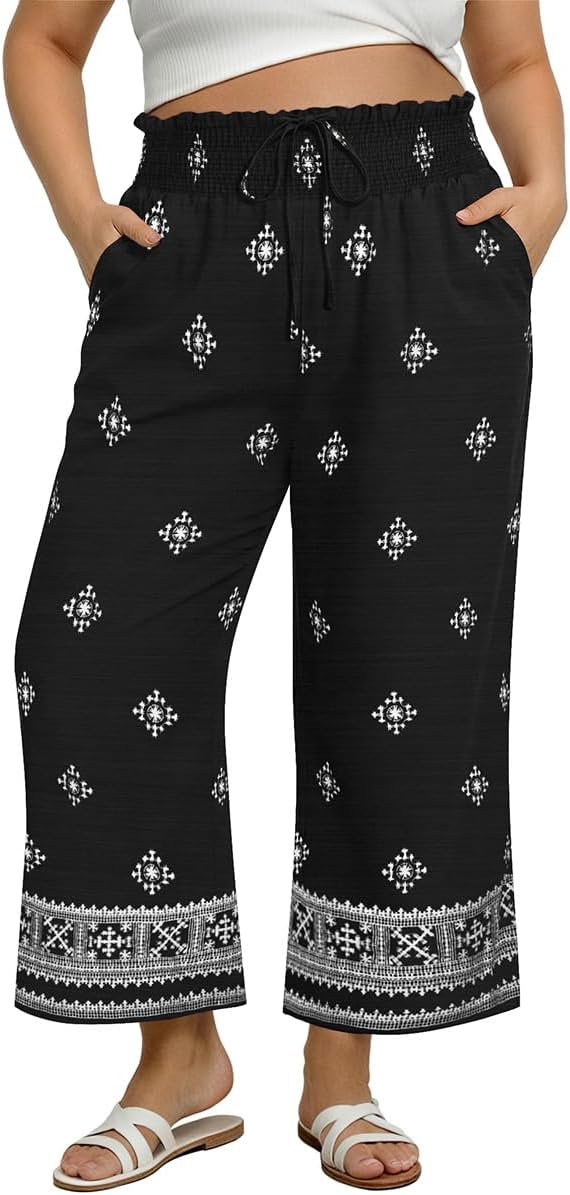 CARCOS Plus Size Pants Summer Palazzo Wide Leg Pants Smocked High Waist Ankle Beach Lounge Trouser with Pockets XL -5XL