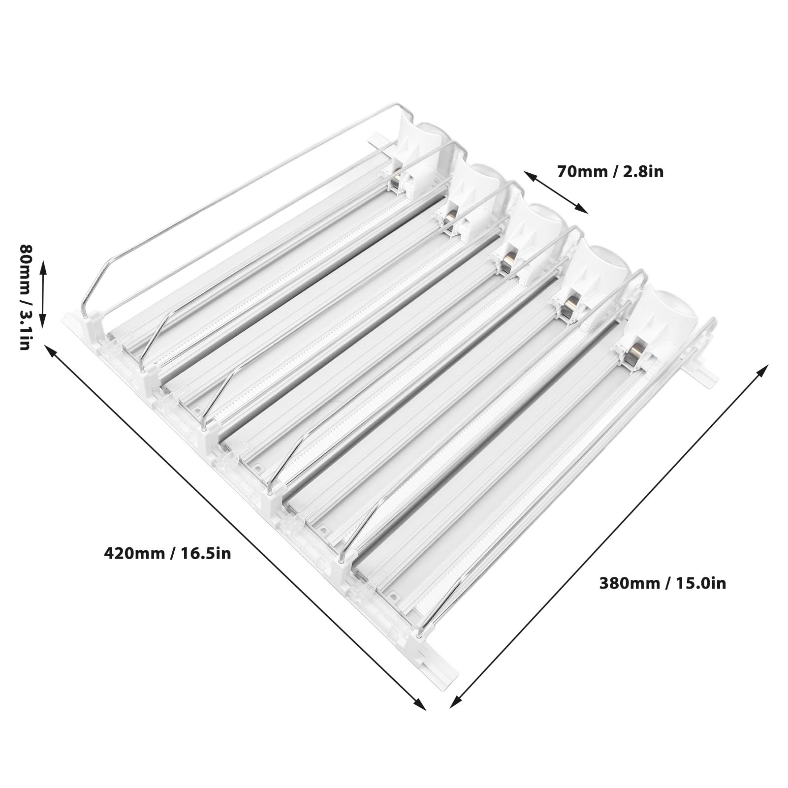 Organizador de Bebidas para Nevera, 5 Unidades, Dispensador Automático de Latas de Refresco con Empuje Automático, Ancho Ajustable, Organización de Nevera, Lata de Cerveza, Botella de Agua,(Blanco)