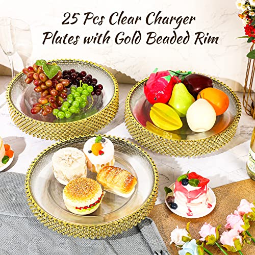 25 Pcs Clear Charger Plates 13 Inch Plastic Round Dinner Plate With Gold Beaded Rim Dinner Table Decorative Plate For Wedding Birthday Bridal Shower Party Dinner Table Decor Supplies #TOP5