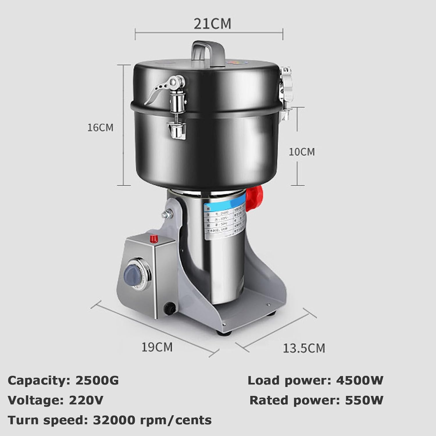 Commercial Machine,Electric Grain Grinder 2500g, High Speed Spice Herb Grinder Mill Pulverizer with 6 Blades, Stainless Steel Powder Machine for Dry Spices Grains Coffee S(