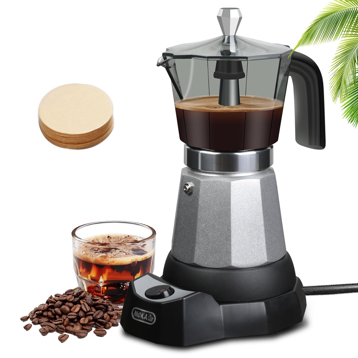 Classic Stovetop Espresso Coffee Maker Moka Pot for Italian Cuban Café Brewing Cafeteras 6 Espresso Cups Glass-top Stainless Steel 300ml Portable Cafeteras Electricas Moka Pot for Home Travel (Silver)