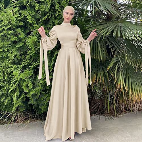 Vecduo Womens Dresses Casual Solid Muslim Dress Lantern Sleeve Abaya Islamic Arab Kaftan Dress Beige #TOP2