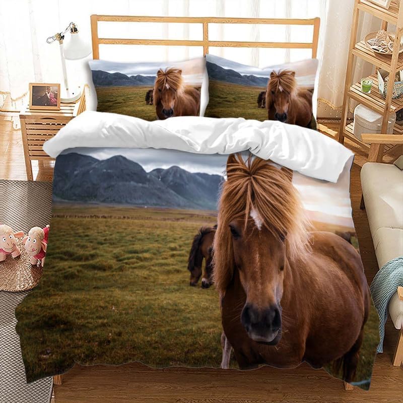 Parure de Lit Motif 3D Cheval Housse Microfibre Anti-Pli Souple 160x200