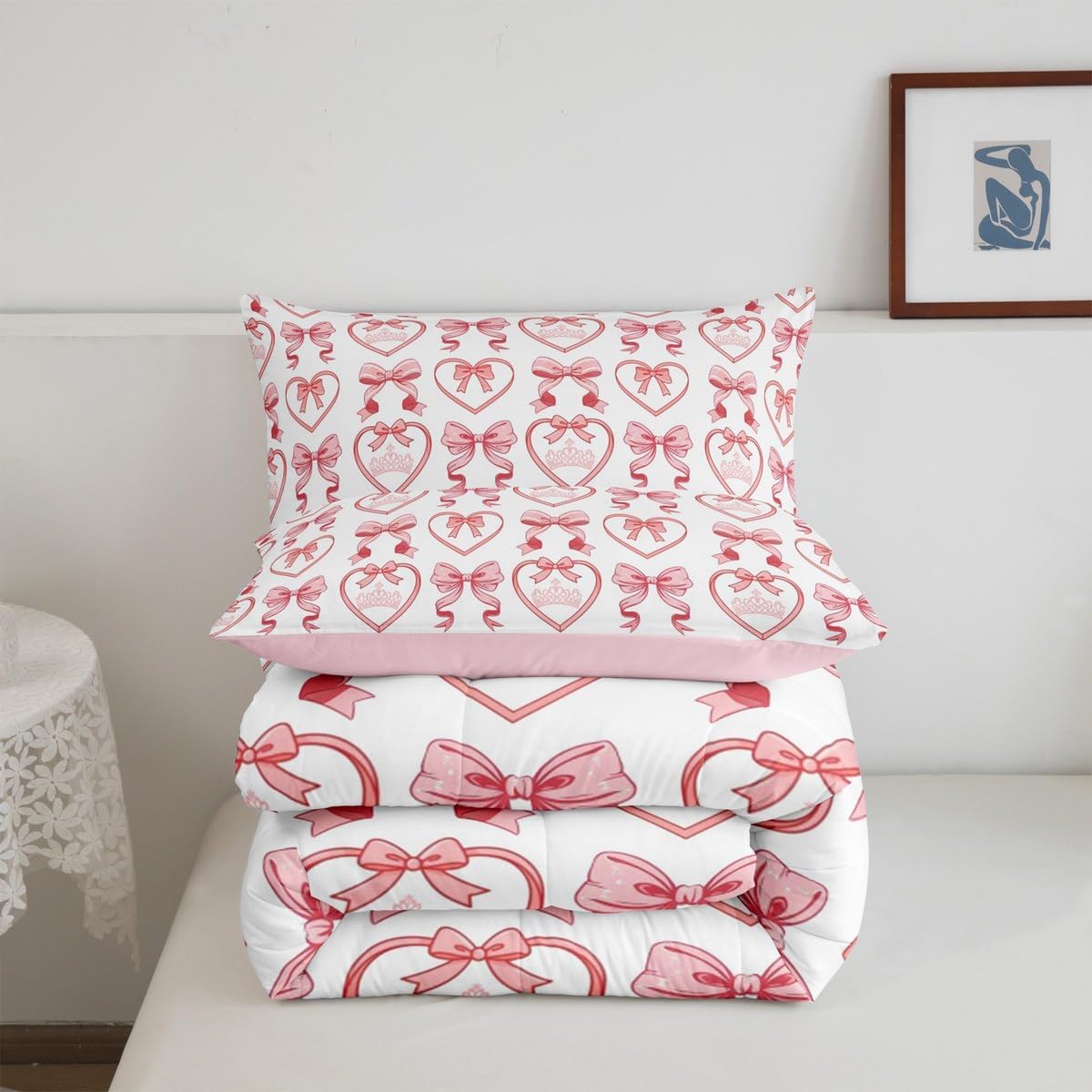 Feelyou Pink Bowknot Kids Comforter Set Twin Size Dreamy Princess Bedding Set Cute Bow Duvet Quilt for Kids Boys Girls Bedroom Love Heart Decor Microfiber Ultra Soft Breathable
