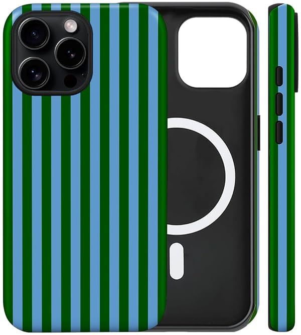 flewfun Magnetic for iPhone 13/14 Case Cute Stripes Phone Case, Shockproof Slim TPU and Hard PC Protective Phone Cover Compatible with MagSafe Designed for Women Girls, Green and Blue by flewfun - Used condition - US$6.49