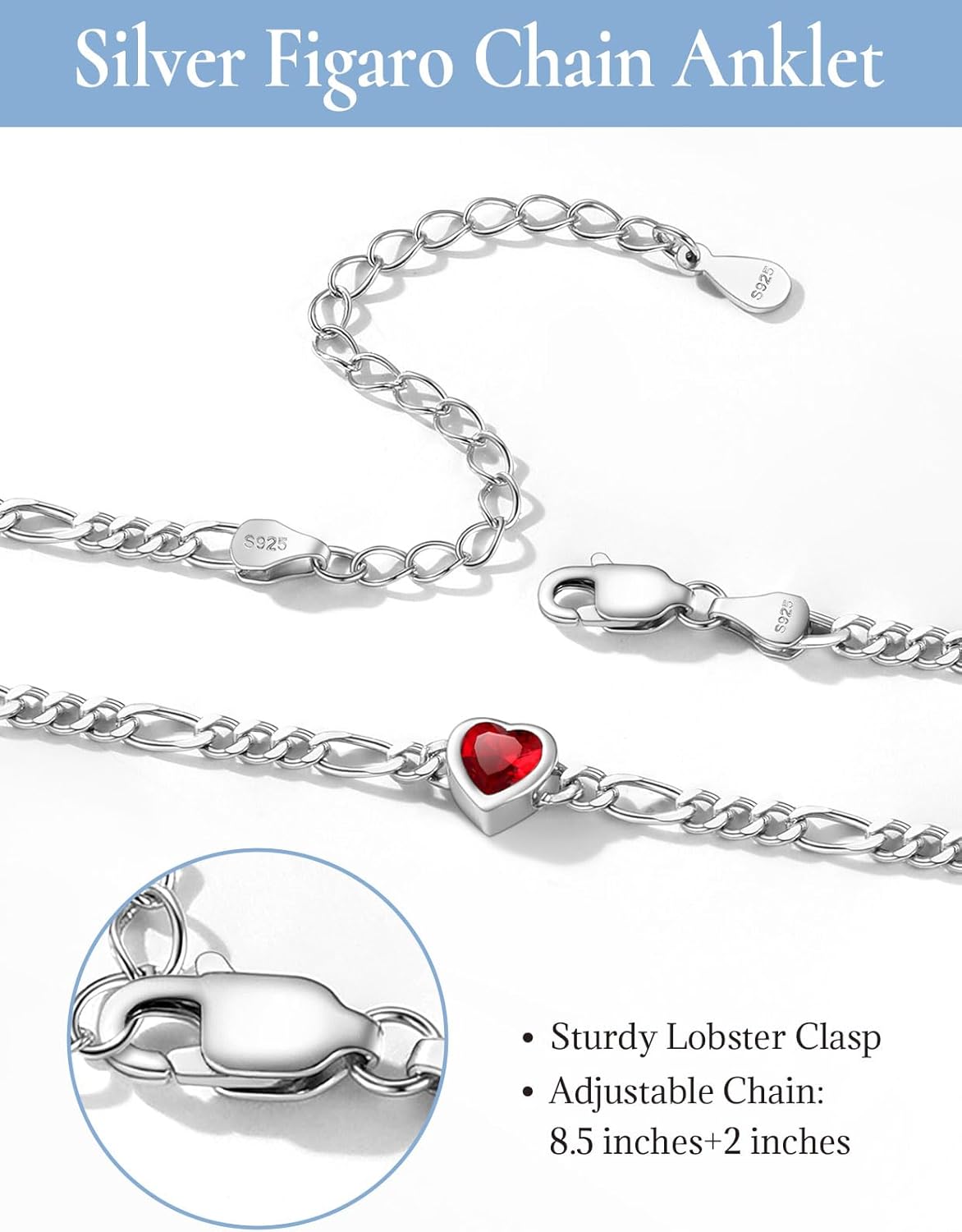 U7 SILVERCUTE Sterling Silver Anklets for Women, Large Heart/Round Birthstone Ankle Bracelet with Figaro Chain, Waterproof Summer Beach Foot Jewelry Length 8.5"-10.5" - Image 5