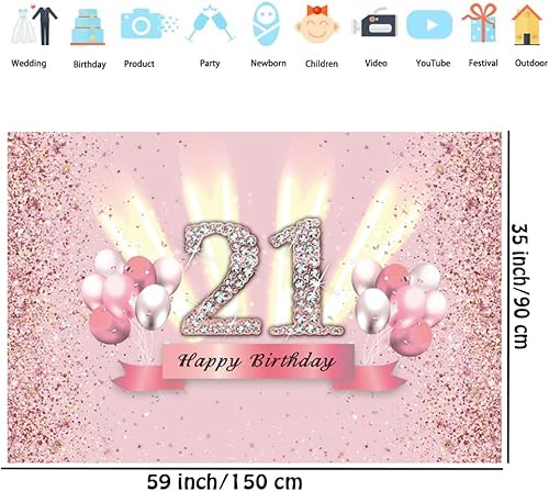 Miniatura 2 de Decoraciones de feliz cumpleaños 21 para mujer, pancarta de fondo para fiesta, póster de tela de aniversario, fondo de foto rosa, suministros de