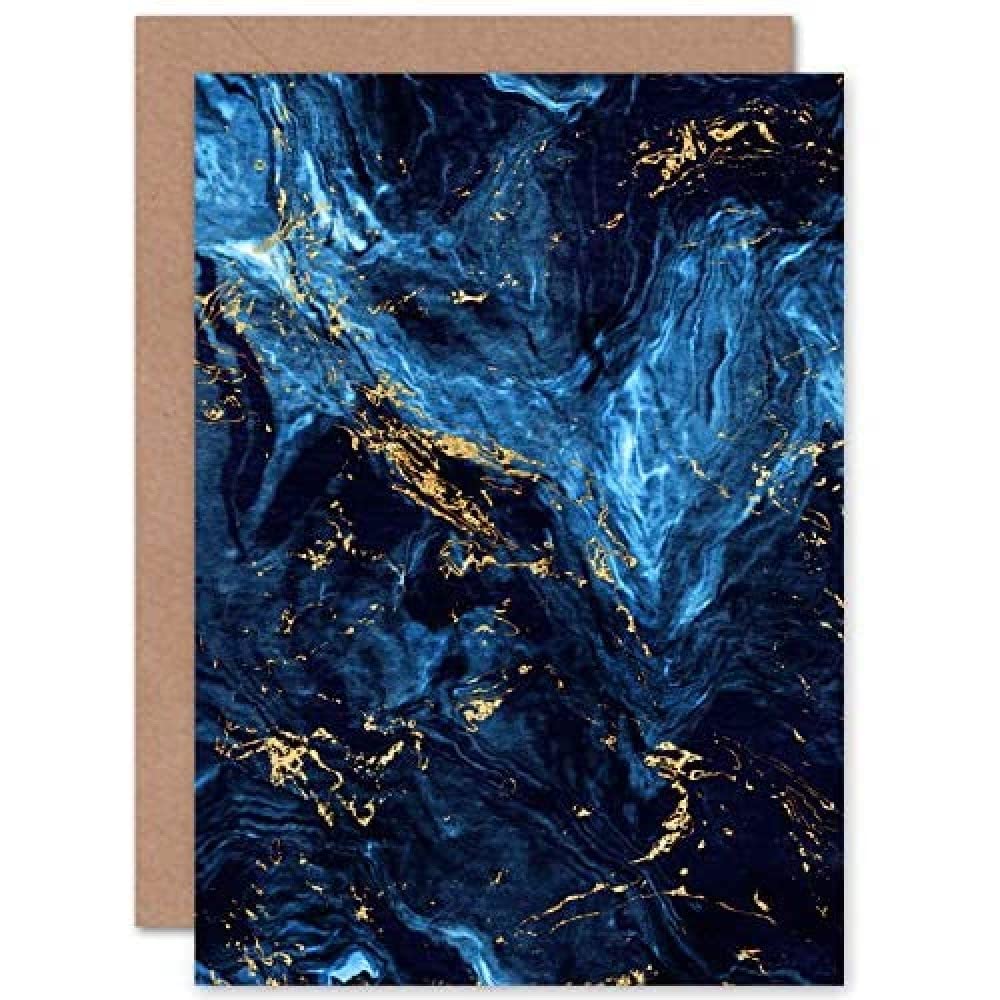 Wee Blue Coo Abstract Dark Blue Gold Swirl Greeting Card With Envelope Inside Premium Quality