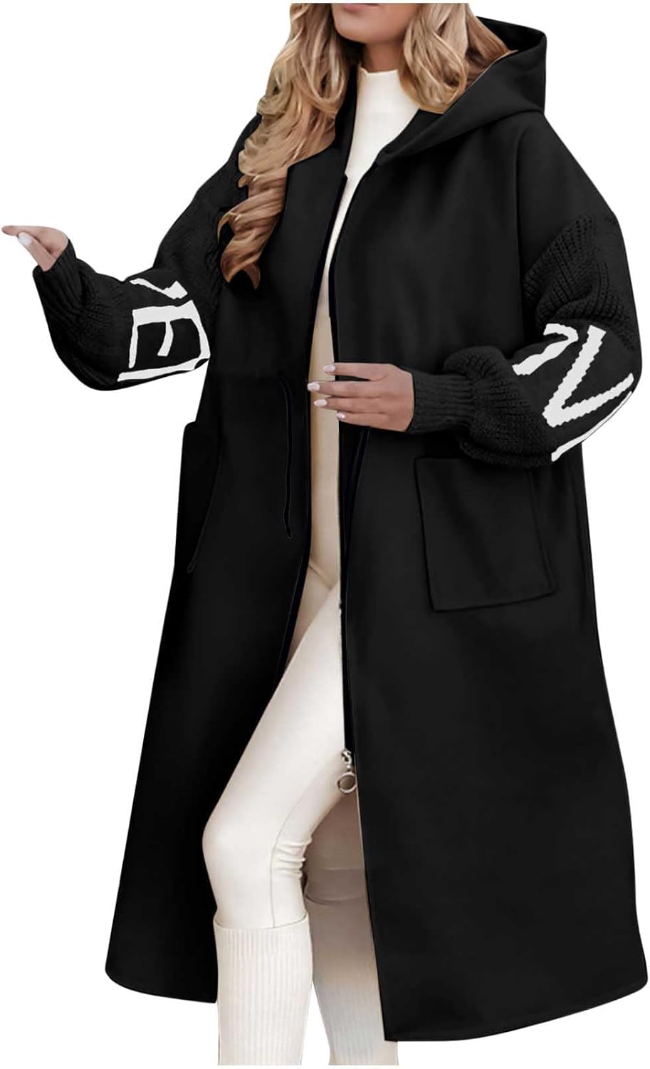 Hooded Long Sleeve Knitted Patchwork Jacket for Women – Casual Fall Fashion with Drawstring Waist and Zipper