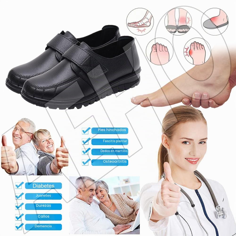 AEHO Zapatillas Cómodas Ancho Especial Cuero PU Zapatos Especiales para Juanetes de Mujer Zapatos sin cordones ortopédicos con colchón de aire,Negro,40/250mm