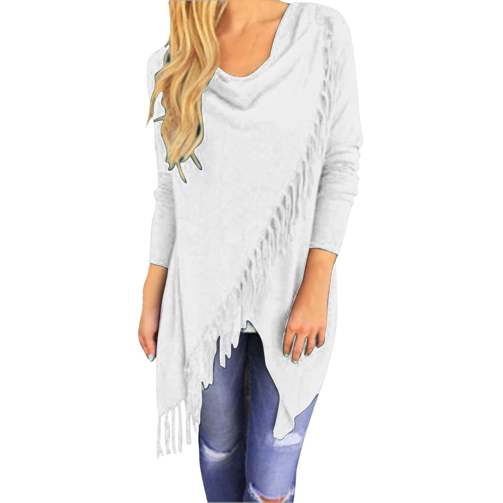 Tassel Hem Sweater Womens Long Knitwear Cardigan Jumpers Pullover Poncho Coat Crew Neck Speckled Fringe Tunic Tops