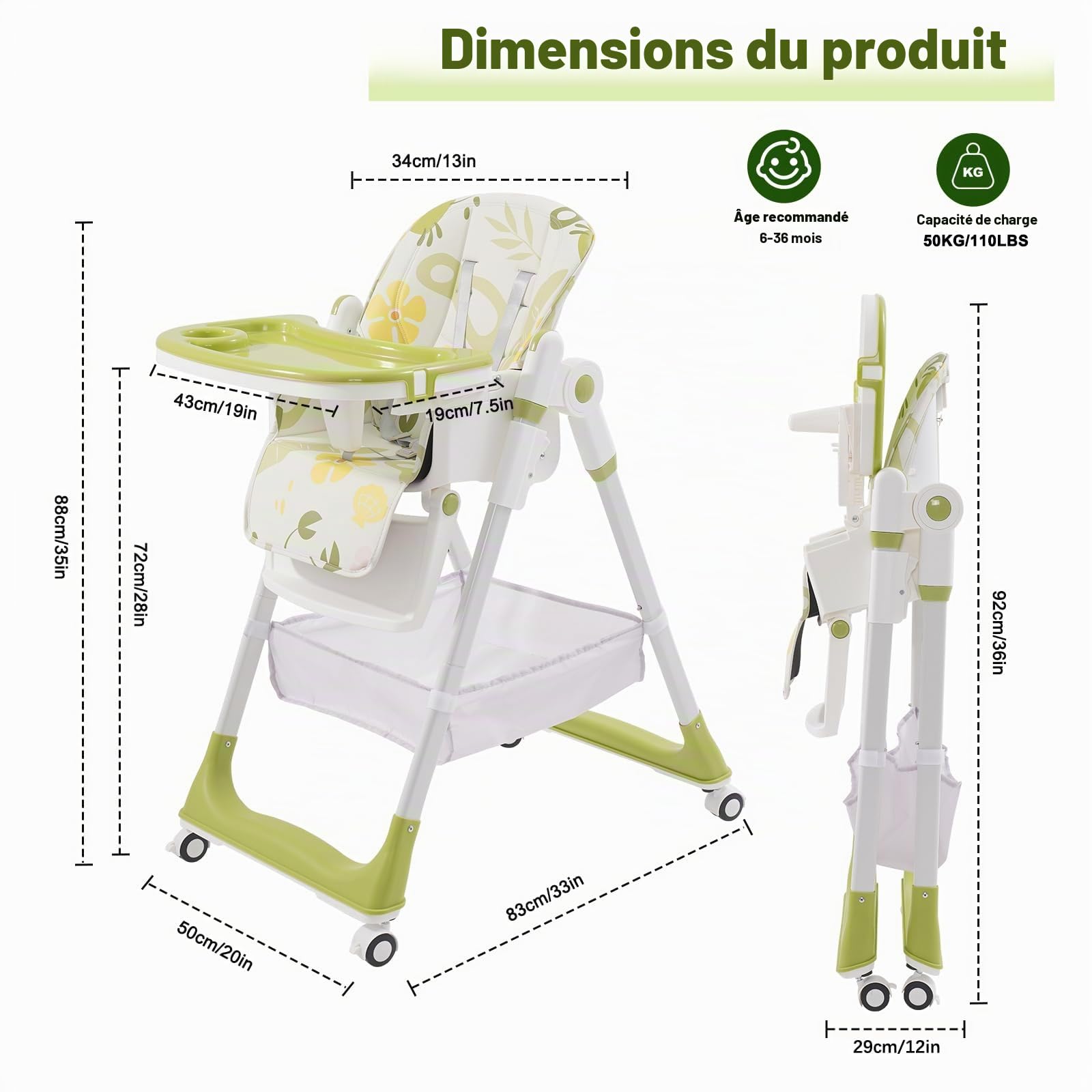 Chaise Haute Bébé Pliable, chaise haute enfant avec repose-pieds, roulettes, hauteur et dossier réglables, chaise haute polyvalente bébé dès la naissance
