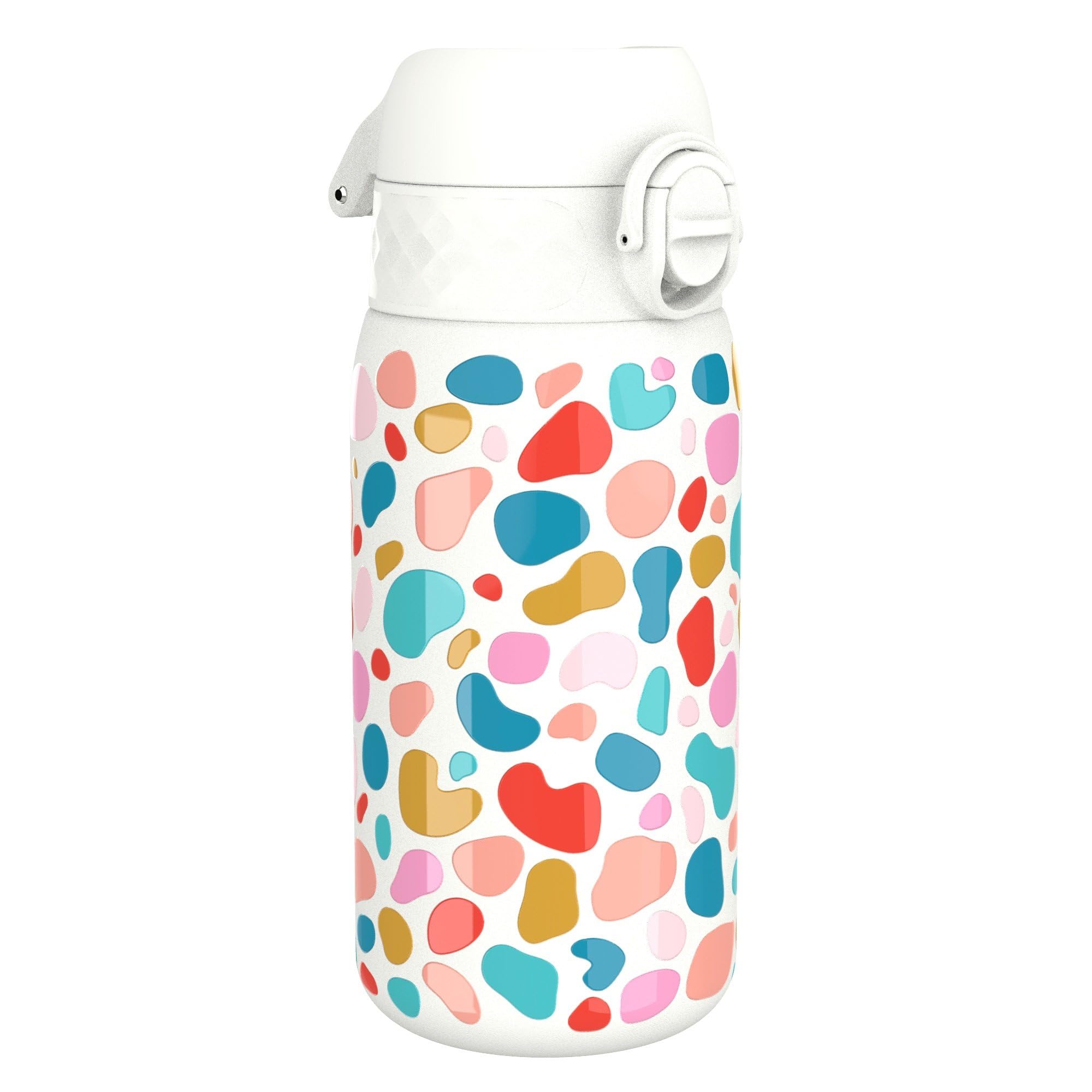 Ion8 Vacuum Insulated Steel Water Bottle, 320 ml/11 oz, Leak Proof, Easy to Open, Secure Lock, Dishwasher Safe, Carry Handle, Metal Water Bottle, ThermoShield Stainless Steel, White, Splodges