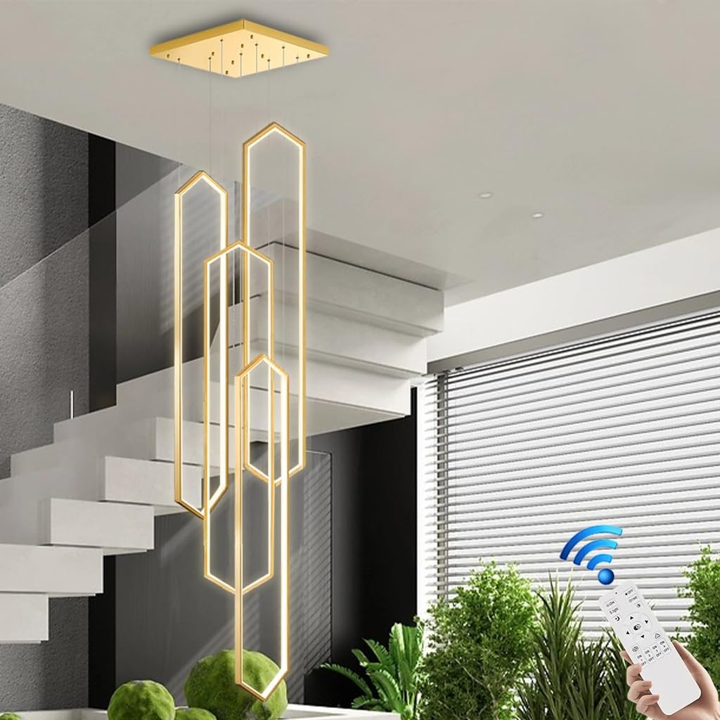 RuiRfh Chandelier LED Stair Light Modern Villa Large Hanging Lighting Aluminum Frame Ceiling Light with Remote Control High Ceiling Pendant Light Suitable for Living Room Hotel Room Restaurant(Gold,4