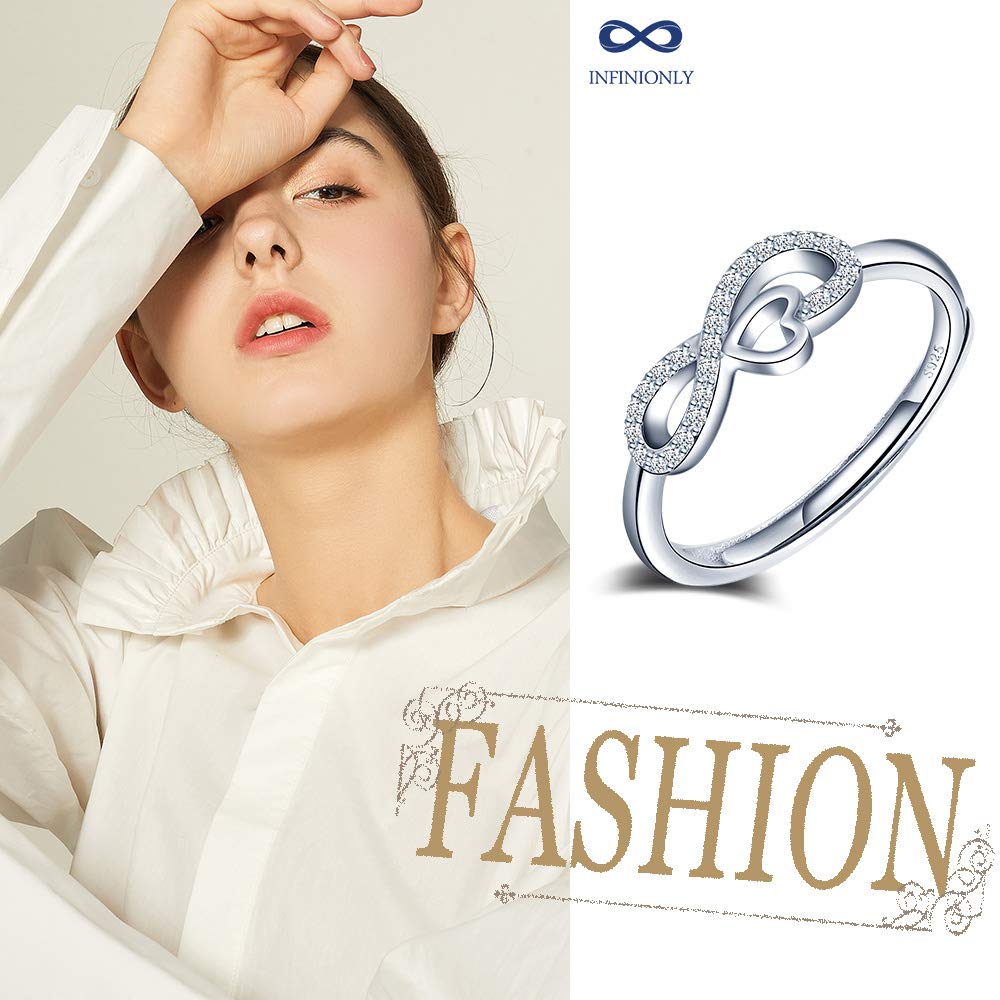 Damen Mädchen 925 Sterling Silber offener Ring, Unendlich Symbol Herz eingelegten Zirkon Ring, Verlobung Ehering, einstellbare Ringgröße, Weihnachten Geburtstag Geschenk