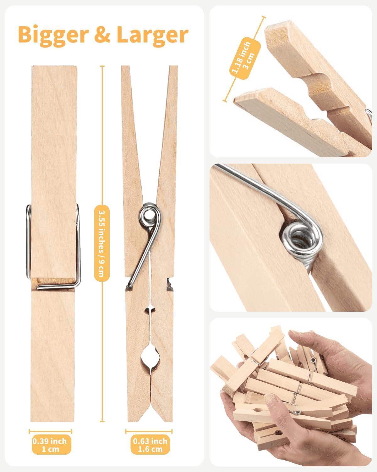 Clothes Pins Wooden Clothespins, Heavy Duty Outdoor Large Pegs 3.55 Inch 50 Pack, Clothing Hanging Laundry Close Pin Chip Clips Cheer Pins for Bags Photo Picture Artwork Crafts Display