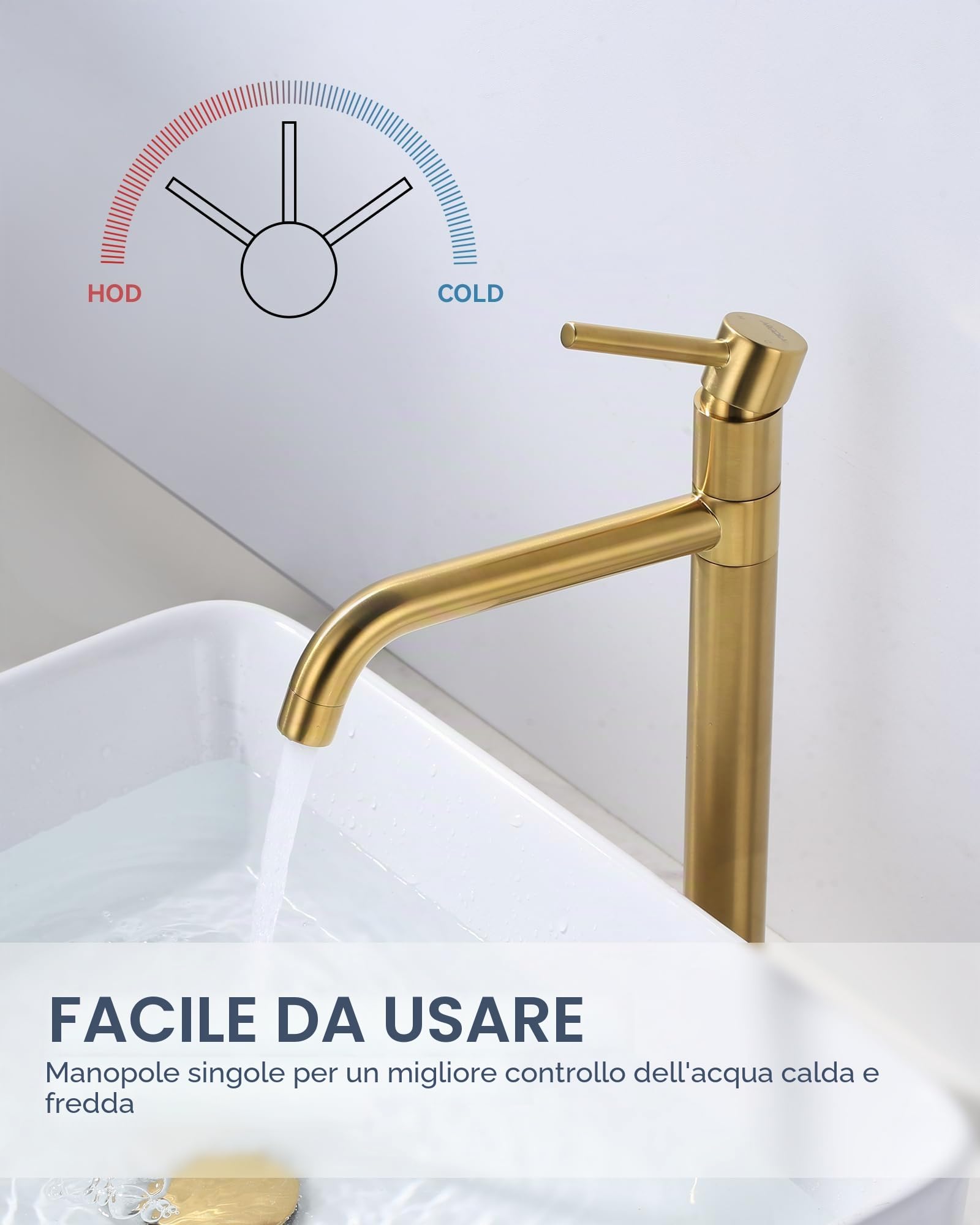 ARCORA Rubinetto Lavabo Alto, Miscelatore Monocomando Alto, Girevole 360°, Cartuccia Ceramica, Ottone Massiccio Acciaio Inox, Regolazione Fluida della Temperatura, per Lavabo da Bagno, Dorato