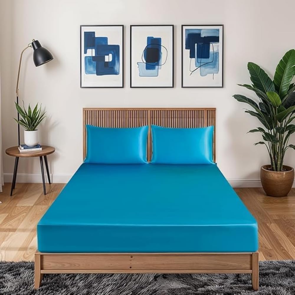 XXR 3-Piece Satin Fitted Sheet Set – Single, Double, King Sizes | Ultra-Soft Satin with Pillowcases | Elegant & Durable Bedding | Multiple Colors Available (Teal, Single)
