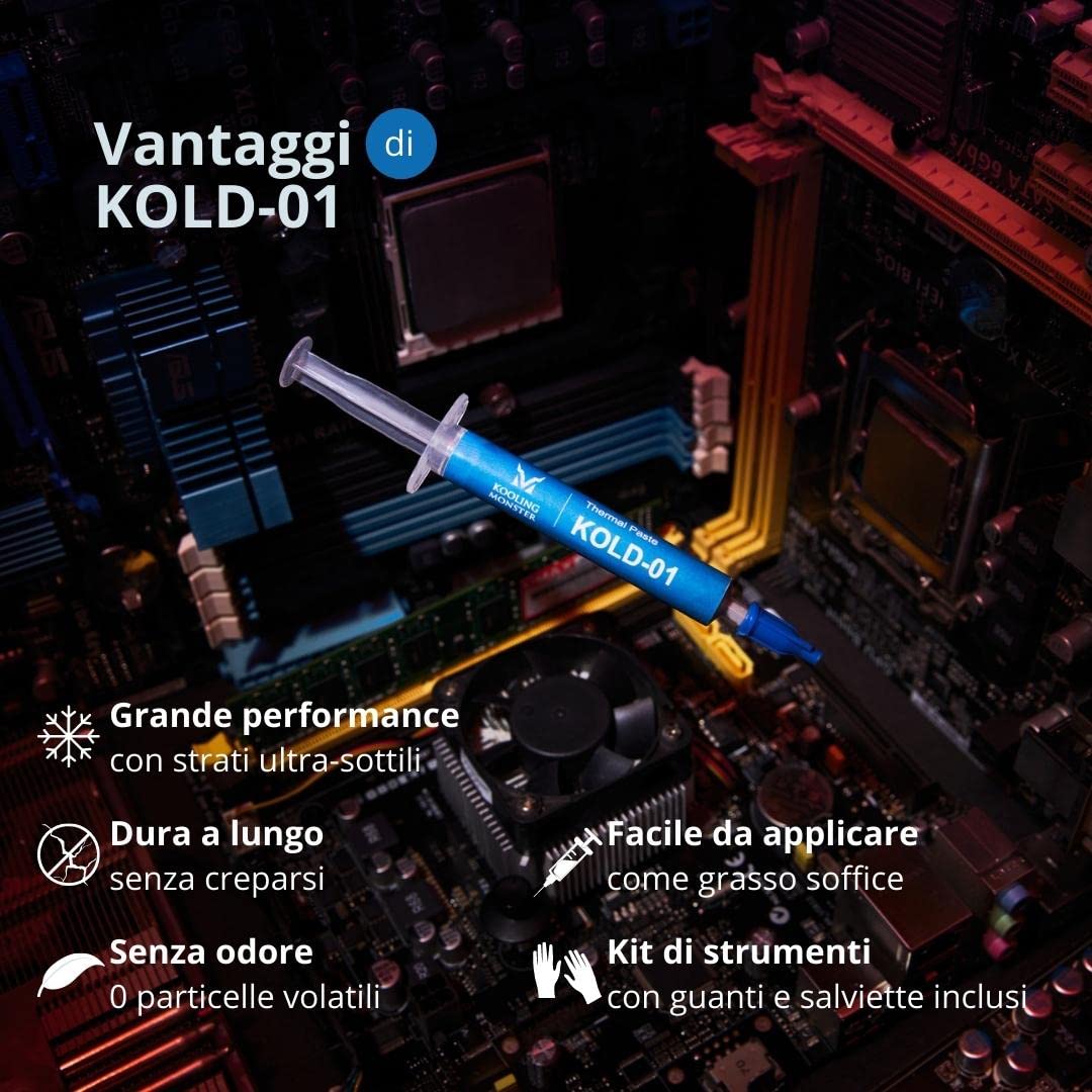 KOLD-01, Pasta Termica in Silicone Premium per Il Raffreddamento di Tutti i processori (CPU, GPU, PC, dissipatori, PS4, Xbox), nessun Odore, Inclusi Guanti e salviette (0.7ml/1.8g)