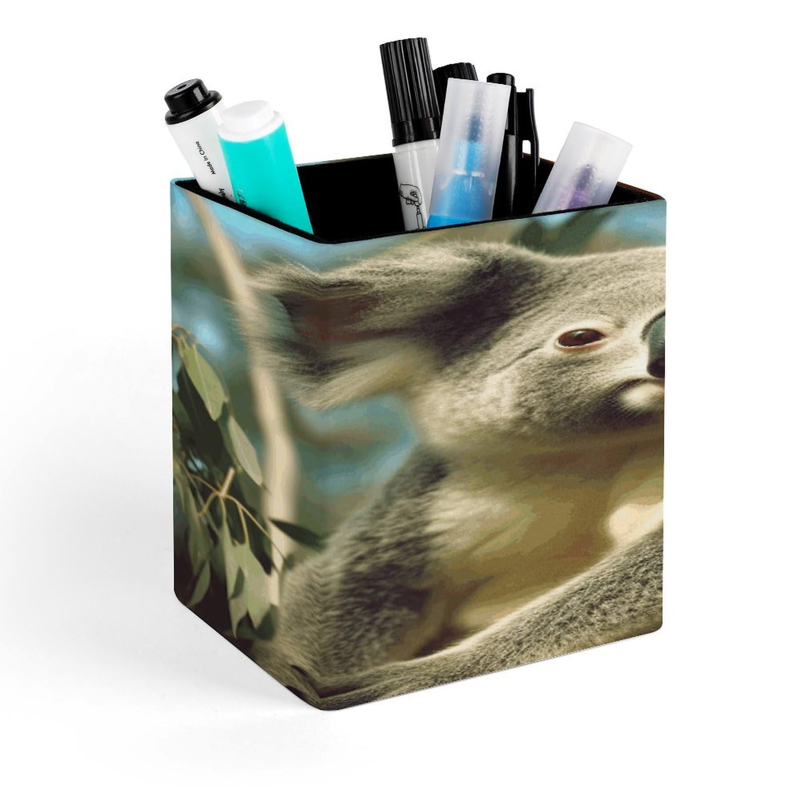 FekiLoot Bear Koala Pencil Holder for Desk Square Leather Pen Holder Cup Desktop Organizer Multi-Functional Pencil Cup Holders Modern Decorative Desk Organizer Caddy Makeup Brush Holders