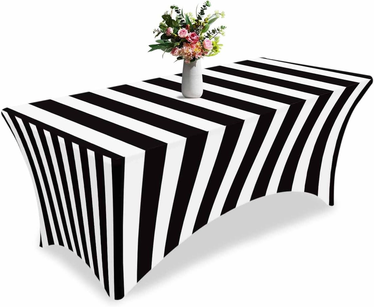 Spandex Tablecloth 5 Ft, Black Striped Stretch Fitted Table Covers for Rectangle Tables, Modern Farmhouse Black White Stripes Washable Patio Table Cloths Protector for Banquet/Wedding