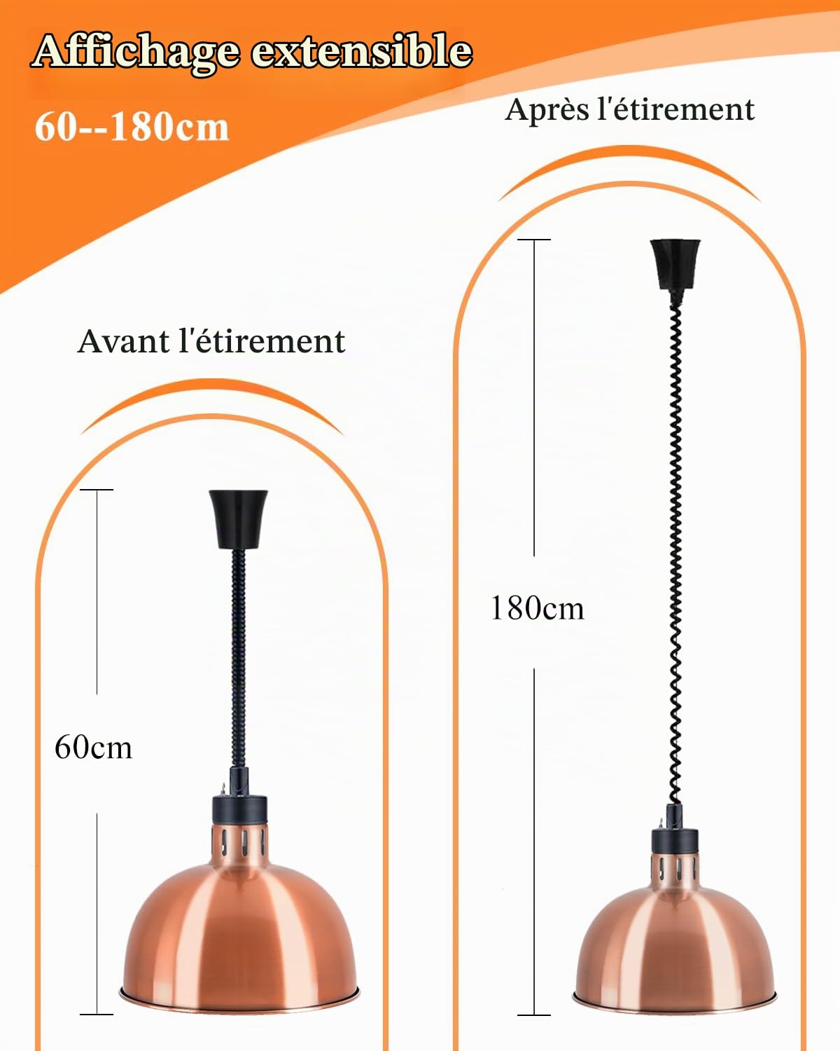 YJINGRUI 500W Buffet Heat Lamp, Adjustable Height 60-180cm, Set of 2 | 29cm Stainless Steel Lampshade for Restaurant, Buffet, Hotel and Catering