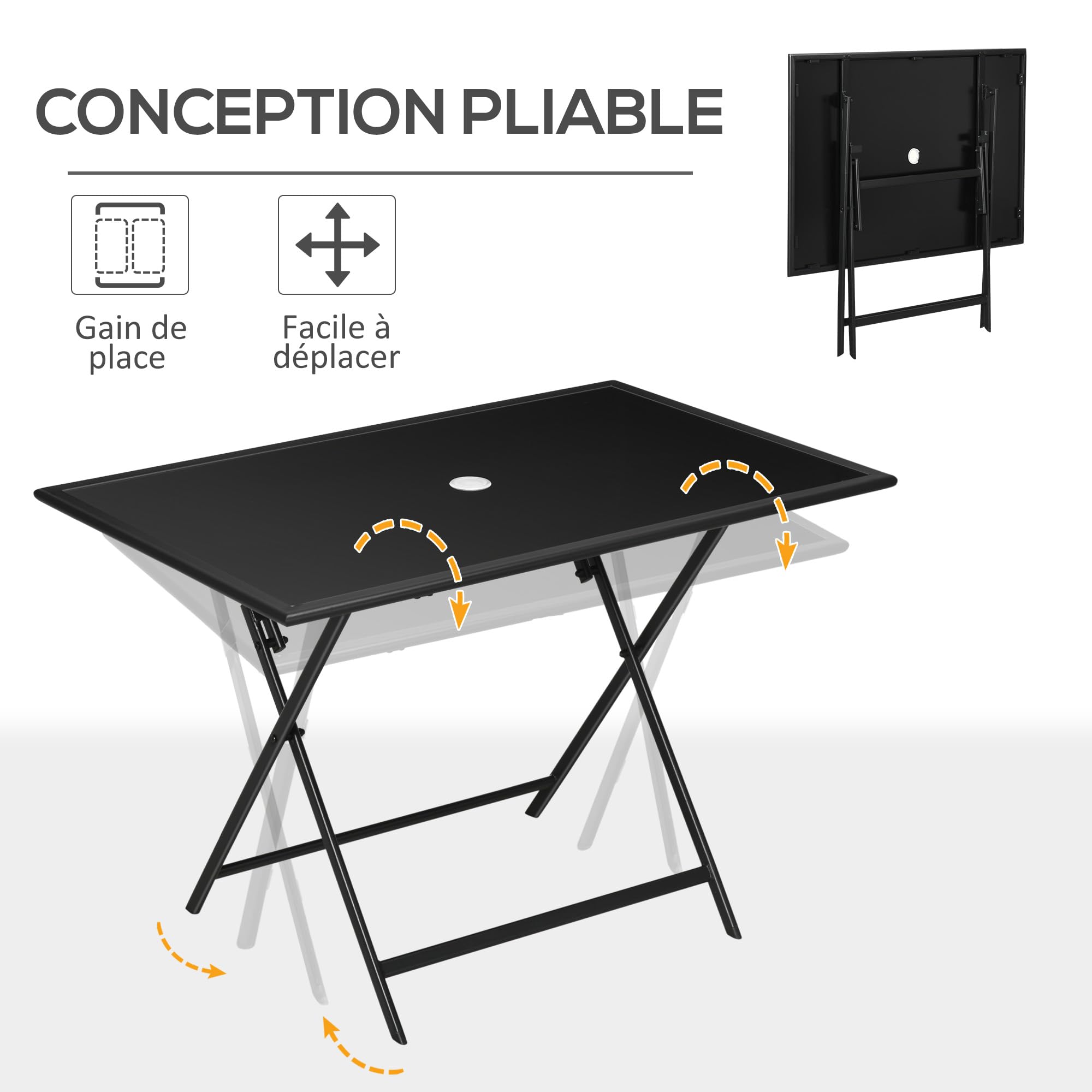 Outsunny Table à Manger de Jardin Pliable pour 6 Personnes, avec Plateau en Verre trempé, Table extérieure rectangulaire avec Trou de Parasol pour Jardin, Patio, terrasse, 110 x 70 x 70 cm, Noir
