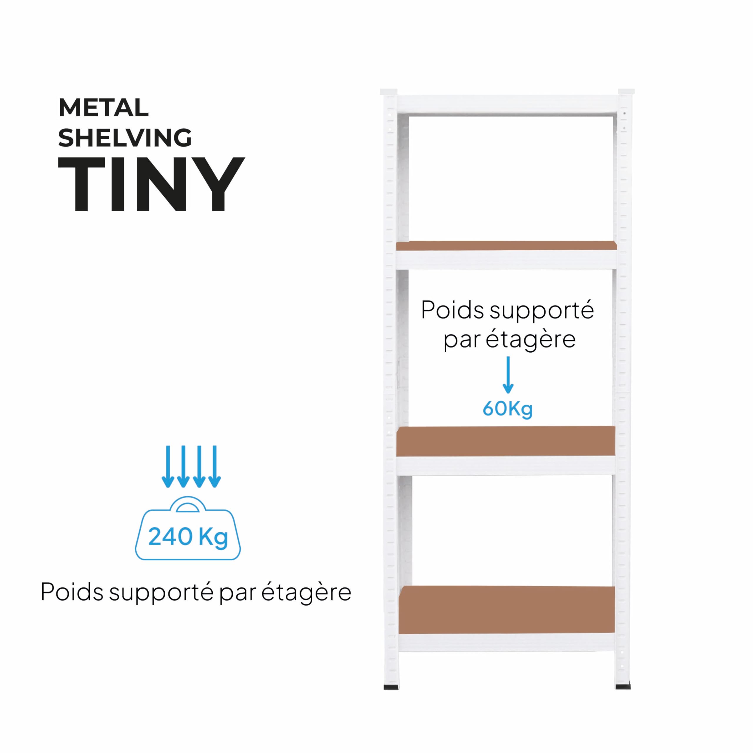 OcioDual Etagere Metallique Blanche Tiny, Etagere Rangement Outillage, 150x60x30cm Storage, Étagère Garage Metal, Étagère Metallique Garage, sans Vis, 240kg, 4 Etagères MDF