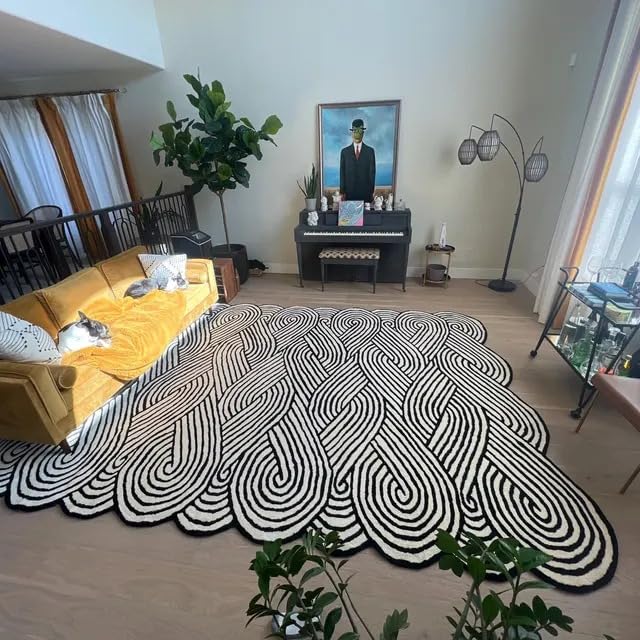 Image of Premium Collection Anti-Skid Woolen Handmade Carpet for Living Room Bedroom Drawing Room Hall and Floor Size 6x8 feet Black & White