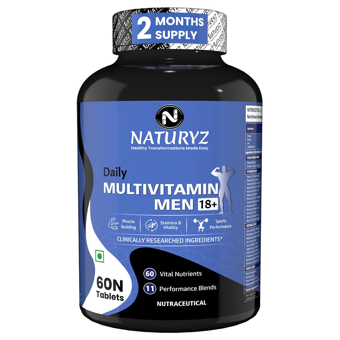 Daily Multivitamin Men 18+ with Highest 60 Nutrients (Vitamins, Minerals, Amino acids, Enzymes, Antioxidants, Herbal Extracts with Omega 3) and 11 Performance Blends for Muscle growth, Strength & Immunity- 60 Tablets