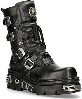New Rock 373-S4 Metallic Black Leather Men's Gothic Mid Calf Punk Goth Boots with
