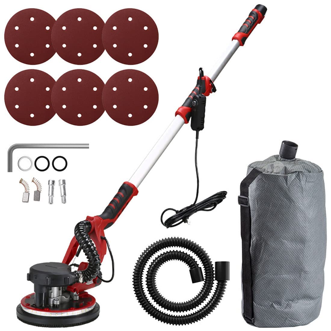 Lijadora de paneles de yeso, lijadora eléctrica de pared de 1250 W con accesorio de aspiradora, lijadora de pared con 50 discos de lijado, velocidad variable, mango extensible, luz LED para lijado de