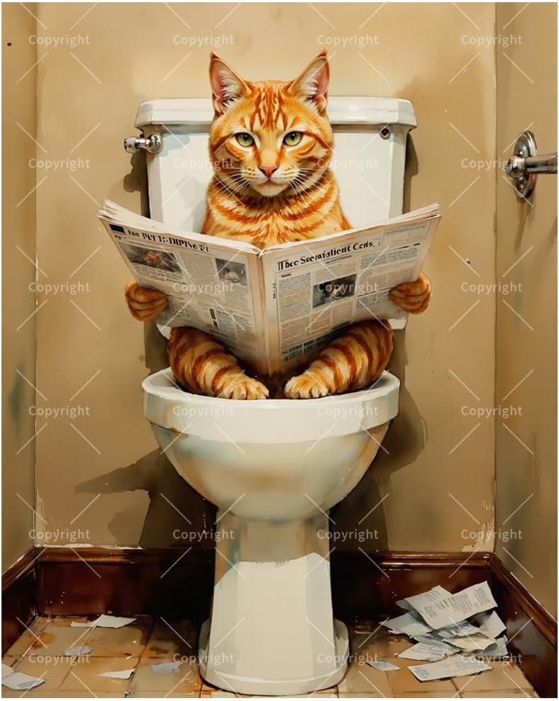 Funny Cat Paint by Numbers Kit for Adults - DIY Orange Tabby Reading Newspaper on Toilet Painting on Canvas 16x20In, Acrylic Paint Set, Suitable for Beginners, Art for Home Decoration/Gifts