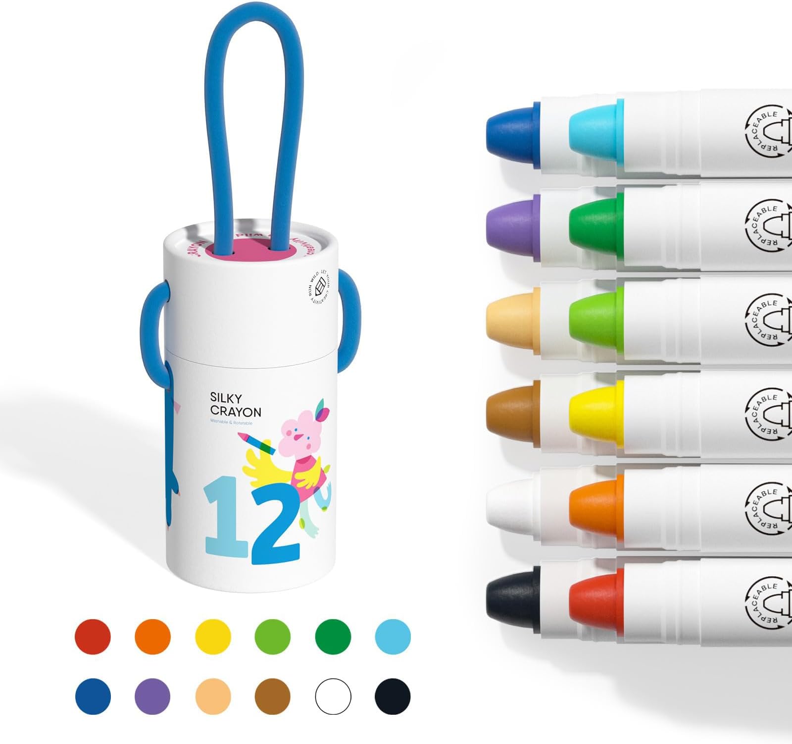 AzoneeSilky Jumbo Crayons for Toddlers, 12 Colors Non Toxic Washable Crayons, Unbreakable Twistable Crayons Set with Strap Easy to Hold, Art Supplies Gifts for Boys girls