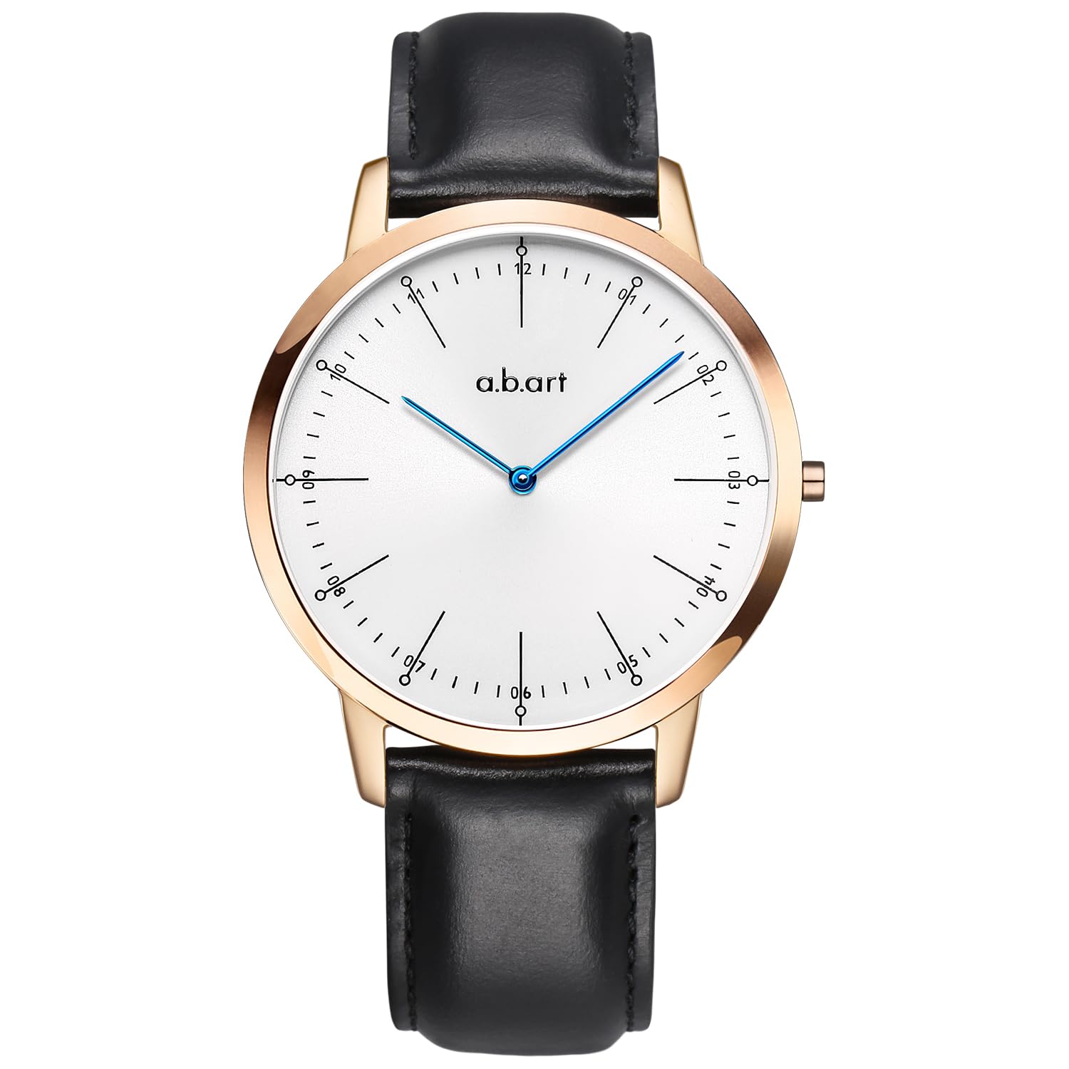 a.b.art Herrenarmbanduhr, Quarzuhr mit Schweizer Ronda-Uhrwerk, Saphirglas, weißes Zifferblatt, Schwarzer Lederriemen, ultraflaches Design, Gehäuse aus roségoldenem Edelstahl 41 mm