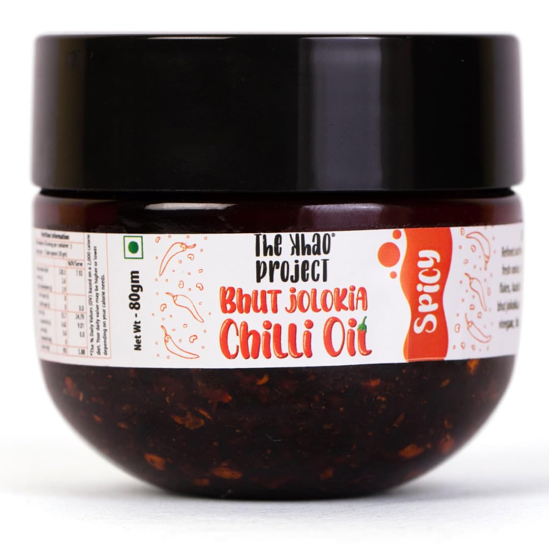 The Khao Project Bhut Jolokia Crunchy Chilli Oil | Made with Crunchy Garlic, Crisp Shallots, Red Chillies and Bhut Jolokia Pepper | Best with Pizza, Pasta and Momos - Spicy (80 gms)