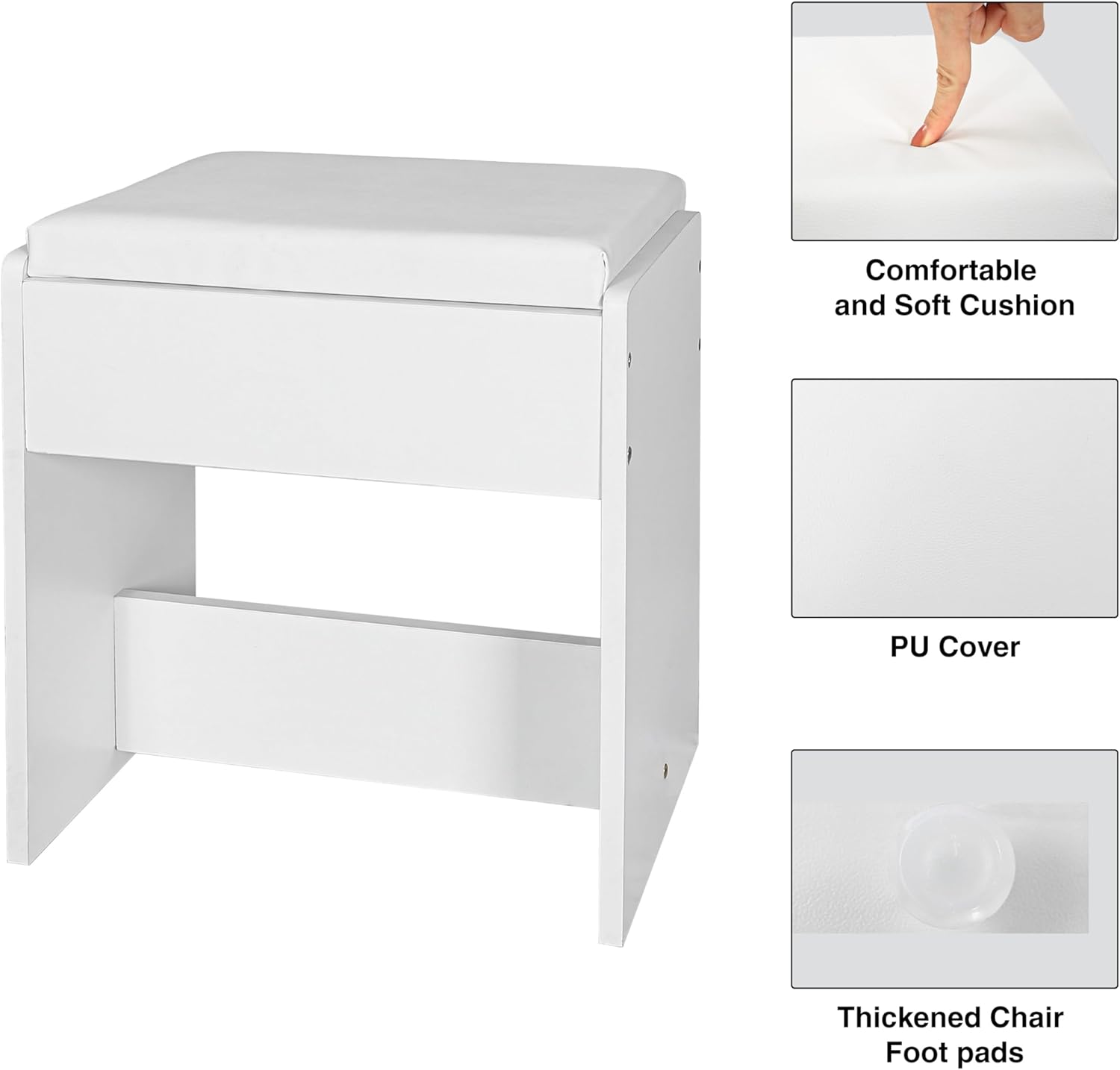 Detailed dimensions of the KAMABOKO Vanity Desk and accompanying stool