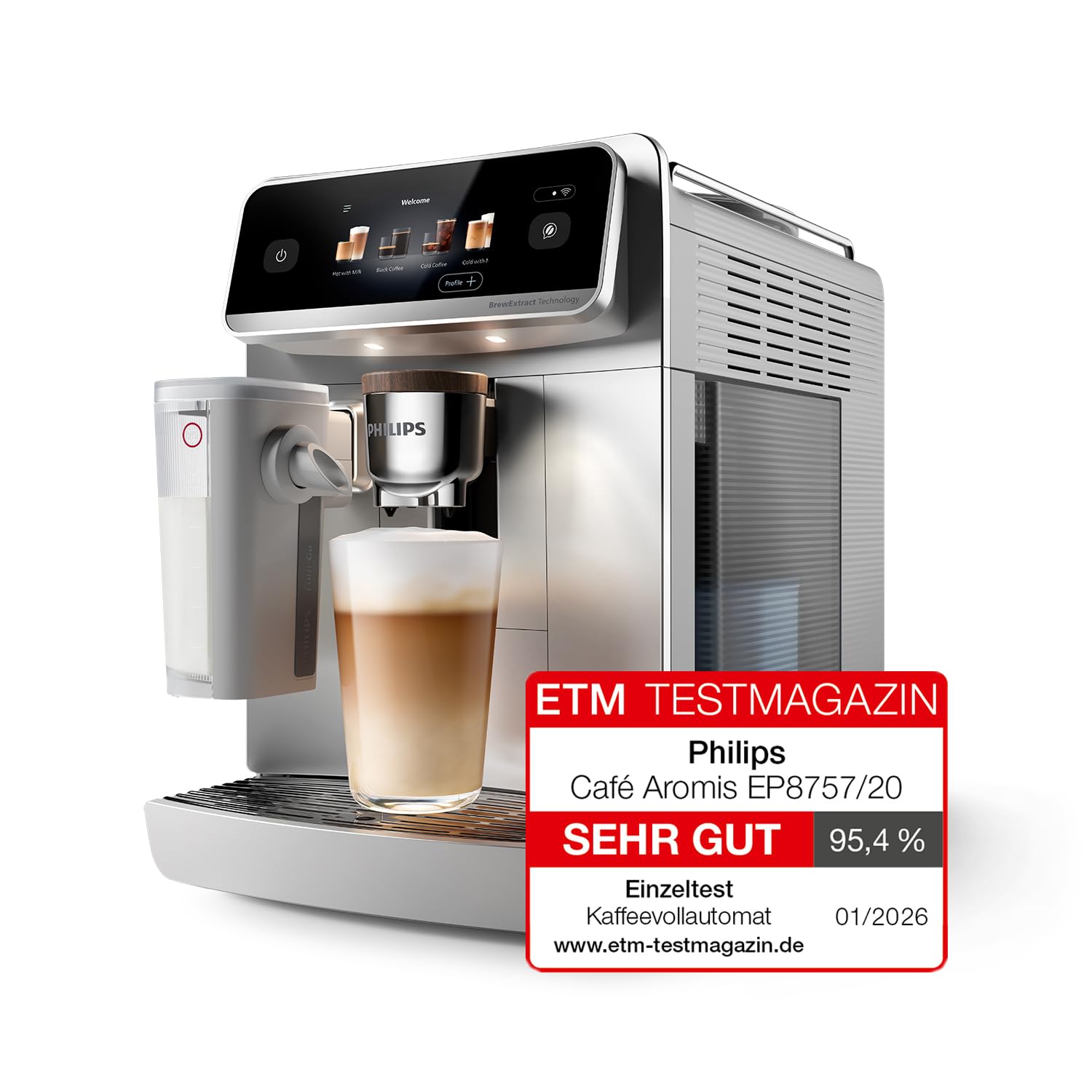 PHILIPS LatteGo Pro Aromis Kaffeevollautomat – BrewExtract Technologie, LatteGo Pro, 50+ heiße & kalte Getränke, mit einfacher Reinigung, intuitives Display und Barista-Assistent, Silber (EP8757/20)