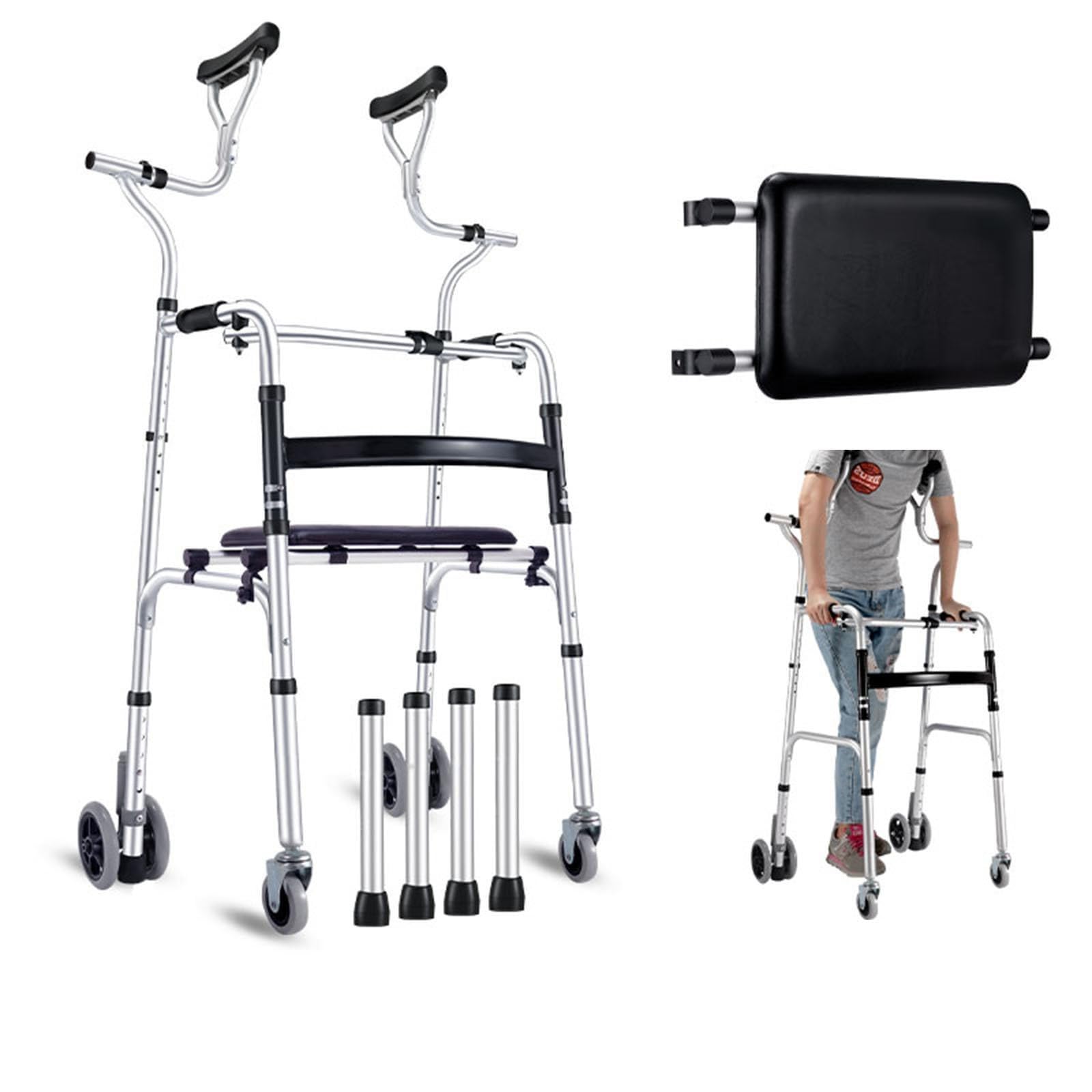 Czterokołowy chodzik z siedziskiem dla seniorów, składany, zdejmowane podłokietniki, regulacja wysokości, wysoka obciążalność, nadaje się do treningu rehabilitacyjnego