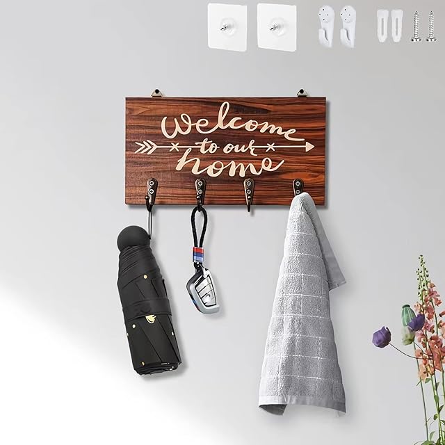 Wooden Key Holder for Wall, Key Hooks Wall Mounted Key Rack with 4 Hooks, Key Hangers for Wall, Home Decor Wall Key Holder, Key Holders for The Home, Entryway, Hallway, Mudroom