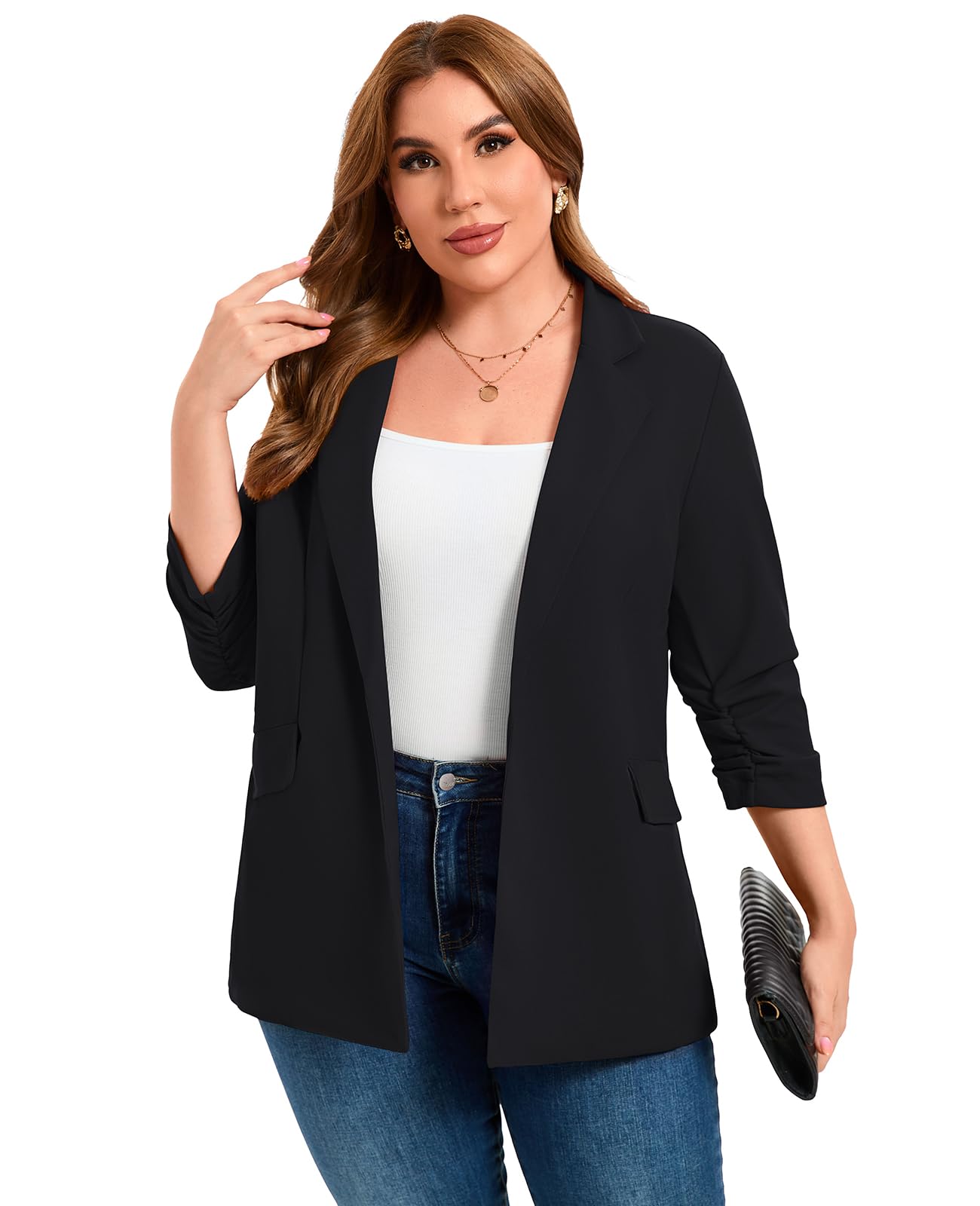 Plus Size Blazer for Women Business Casual Ruched 3 4 Sleeve Solid Classice Blazers Suit Jackets