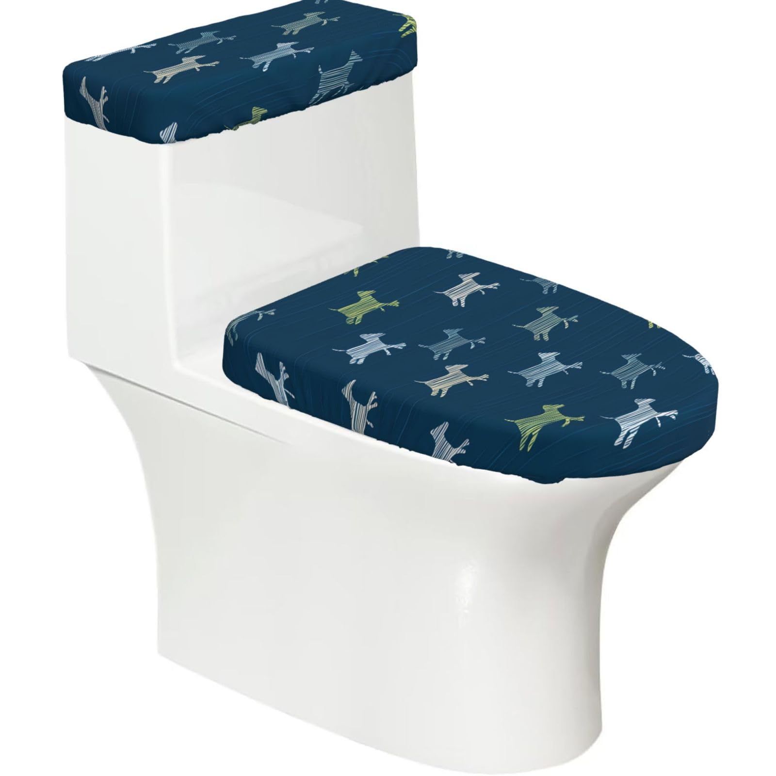Striped Dog 2-Piece Toilet Seat Cover Set with Tank Lid, Elastic Fit for U-Shape & Elongated Toilets, Bathroom Decor, Housewarming Gift