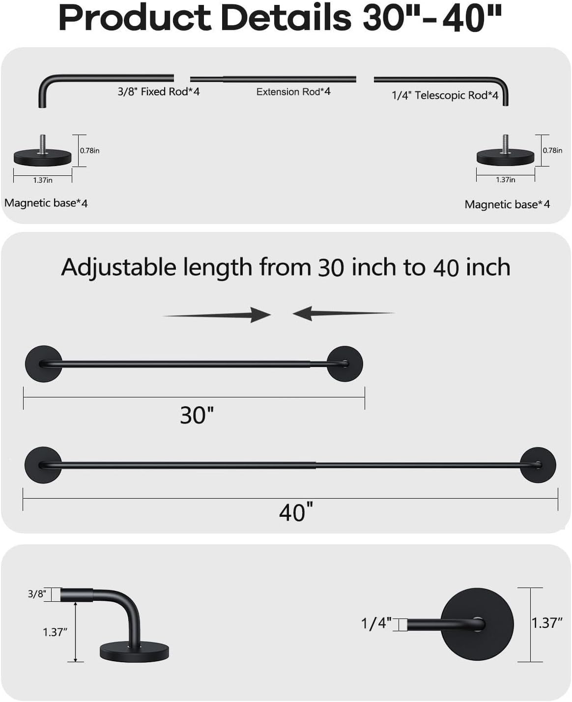 4 Pack Magnetic Curtain Rods for Metal Door, Adjustable 30 to 40 Inch Curtain Rod 3/8 Inch Diameter Magnet Rods for French Door Rod Window Cafe, 30"-40" (Black, 4Pack)