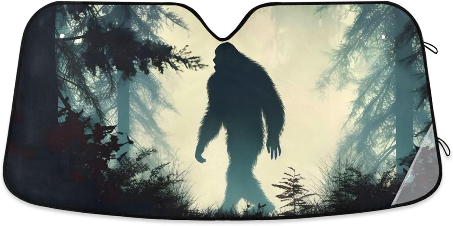 Windshield Sun Shade Silhouette Sasquatch Forest Print, Auto Sun Visor Heat Protection Foldable Blocks UV Ray for Sedan SUV Truck Medium Size