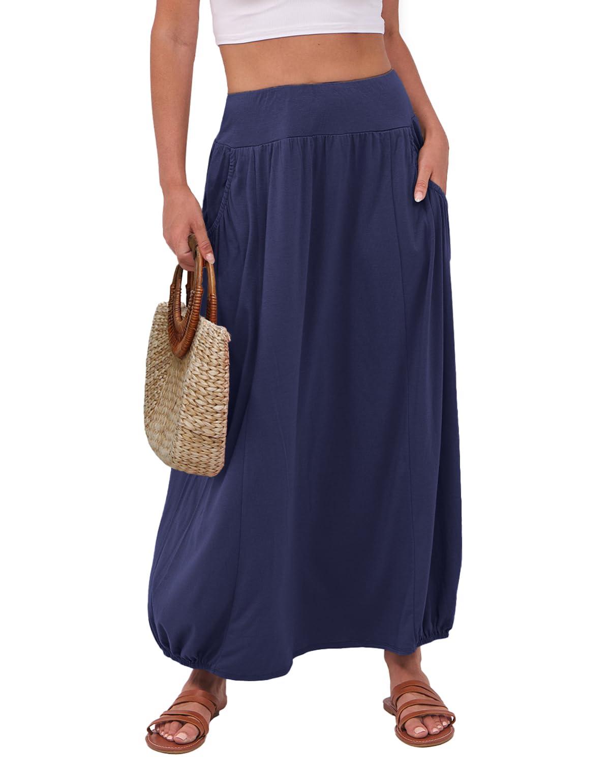 ANRABESS Women's Summer Long Maxi Skirts 2025 Trendy Ankle Length High Waisted Boho Flowy Beach Skirt with Pockets Fashion
